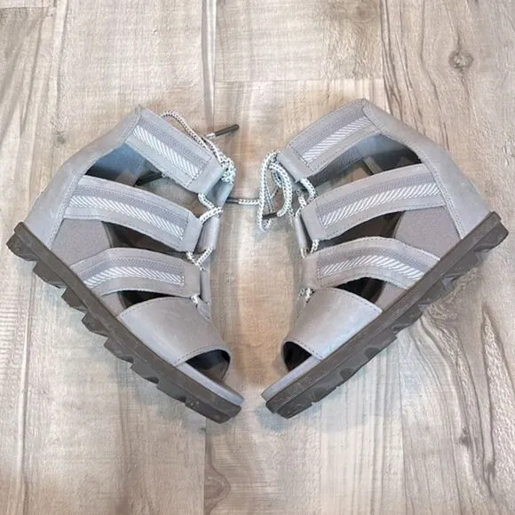 Sorel Joanie II lace up platform wedge gladiator sandals gray leather size 7