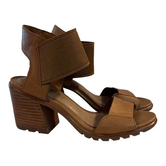 Sorel Womens Chunky Heel Sandals Size 5.5 Tan Leather &amp; Elastic Strap