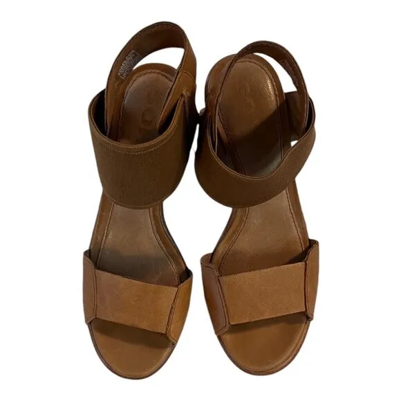 Sorel Womens Chunky Heel Sandals Size 5.5 Tan Leather &amp; Elastic Strap