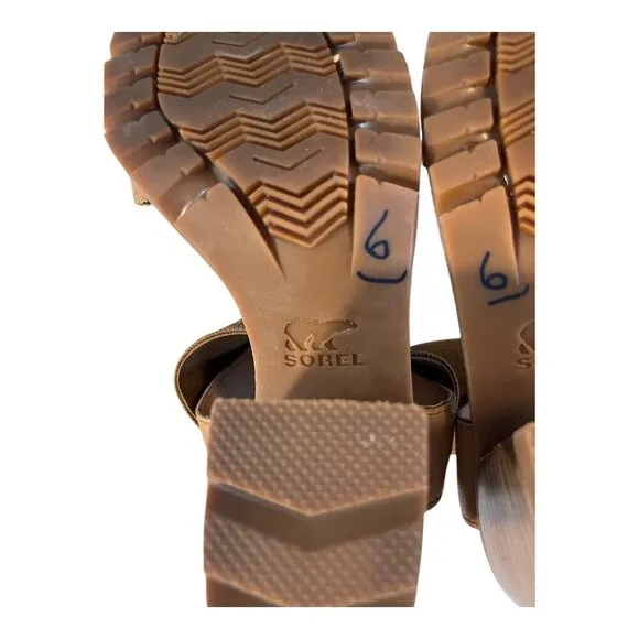Sorel Womens Chunky Heel Sandals Size 5.5 Tan Leather &amp; Elastic Strap