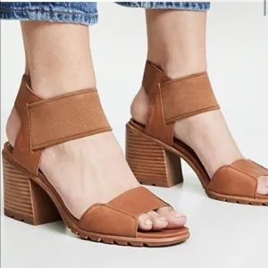 Sorel Womens Chunky Heel Sandals Size 5.5 Tan Leather &amp; Elastic Strap