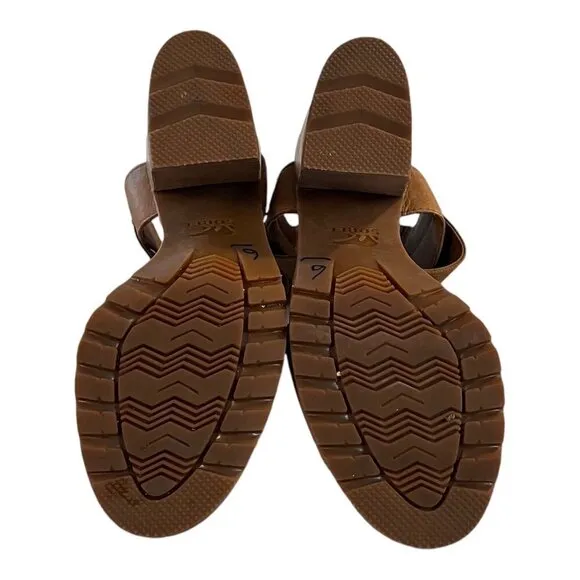 Sorel Womens Chunky Heel Sandals Size 5.5 Tan Leather &amp; Elastic Strap