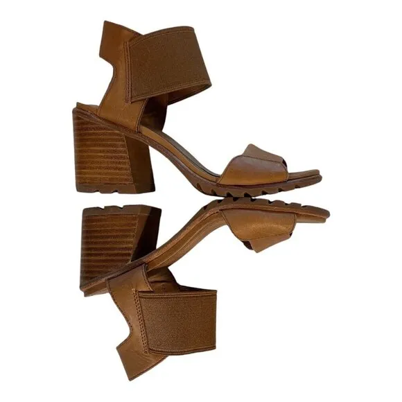 Sorel Womens Chunky Heel Sandals Size 5.5 Tan Leather &amp; Elastic Strap
