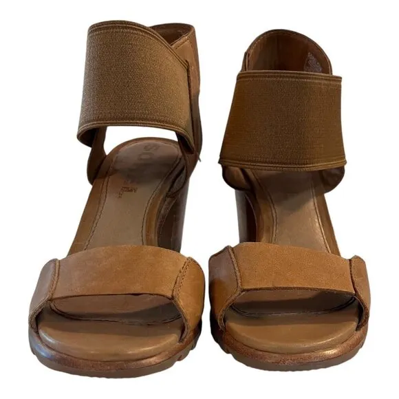 Sorel Womens Chunky Heel Sandals Size 5.5 Tan Leather &amp; Elastic Strap
