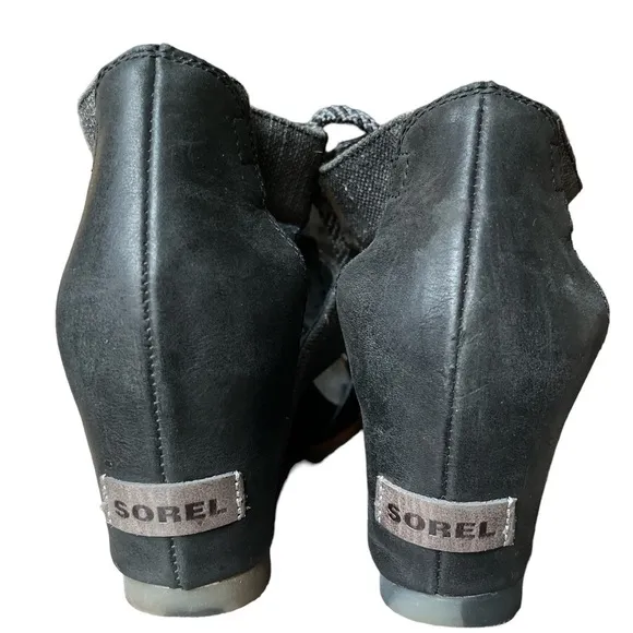 SOREL Women's Joanie Wedge Sandals Open Toe Laced Black Leather US size 9.5