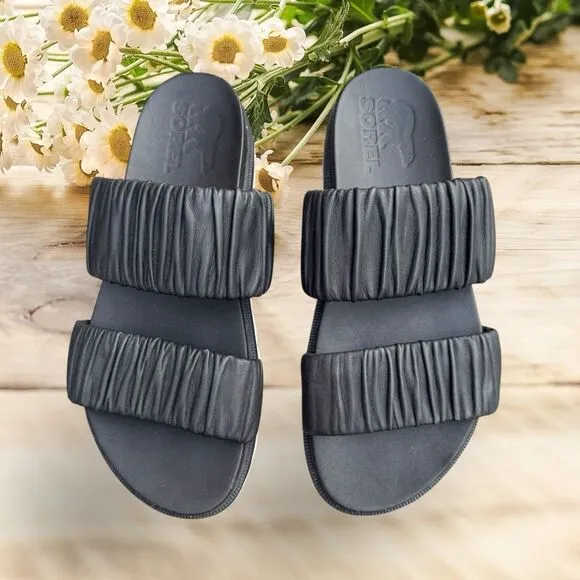 Sorel Women's Roaming Two Strap Slides Black Size 7.5 Leather Sandals