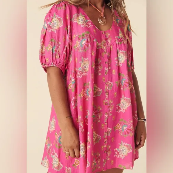 SPELL DESIGNS SOLSTICE LINEN PINK PAISLEY TUNIC DRESS
