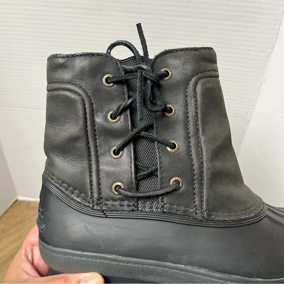 Sperry Black Gray Women’s Pull On Side Zip Side Lace Duck Boots Size 10