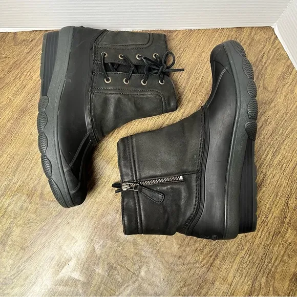 Sperry Black Gray Women’s Pull On Side Zip Side Lace Duck Boots Size 10