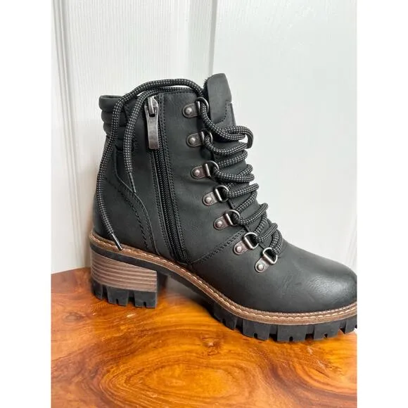Spring Step Black Leather Lace-Up Ankle Boots Rockies Size 37 Side Zip Rugged