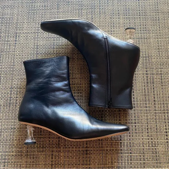 STAUD Black Leather Chess side zip heeled ankle boots booties