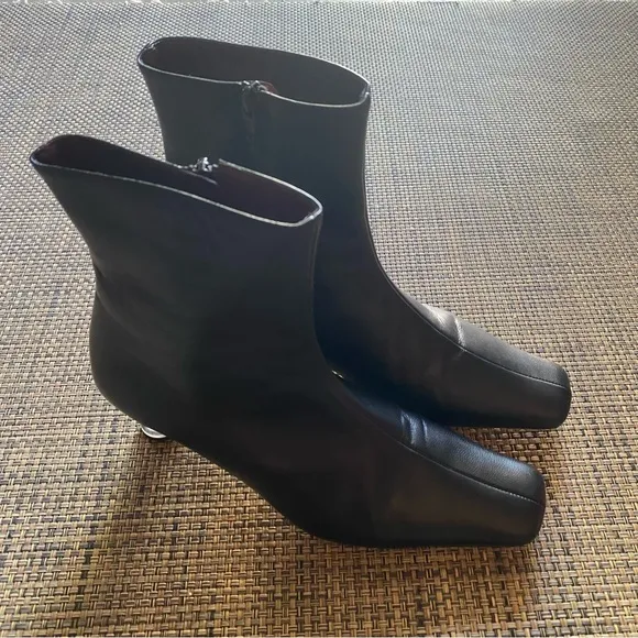 STAUD Black Leather Chess side zip heeled ankle boots booties