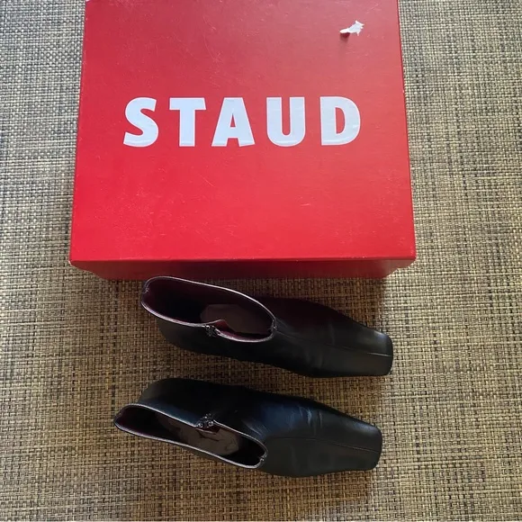 STAUD Black Leather Chess side zip heeled ankle boots booties