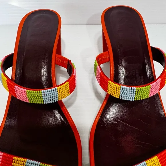 Staud Frankie Orange Leather Beaded Heeled Sandals Size 40 1/2