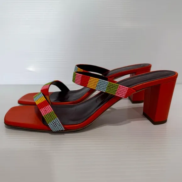 Staud Frankie Orange Leather Beaded Heeled Sandals Size 40 1/2