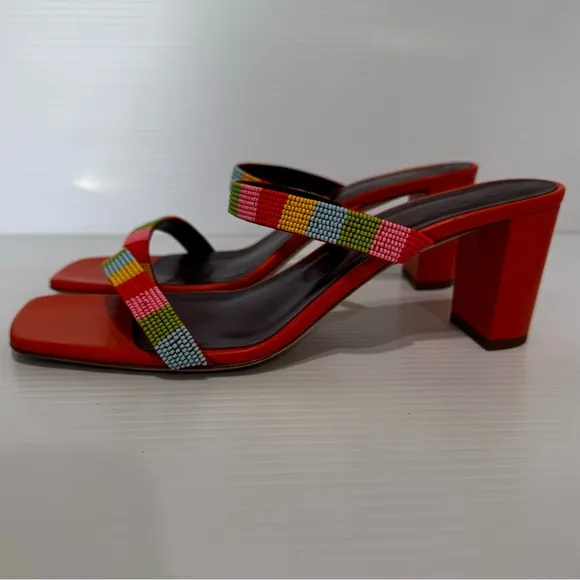 Staud Frankie Orange Leather Beaded Heeled Sandals Size 40 1/2