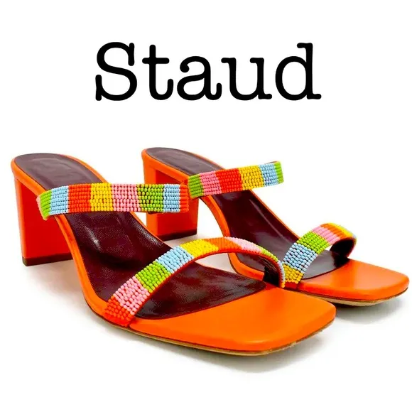 Staud Frankie Orange Leather Beaded Heeled Sandals Size 40 1/2