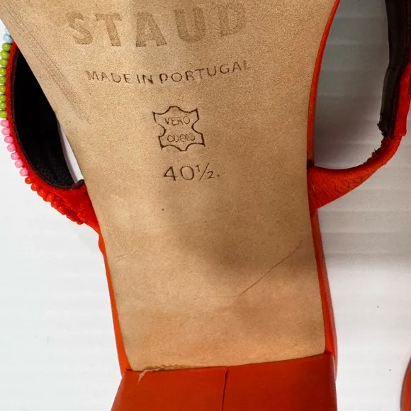 Staud Frankie Orange Leather Beaded Heeled Sandals Size 40 1/2