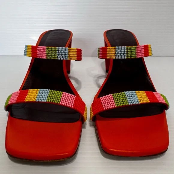 Staud Frankie Orange Leather Beaded Heeled Sandals Size 40 1/2