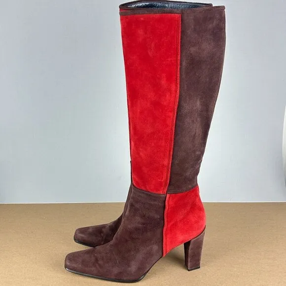 Staurt Weitzman Color Block Suede Tall Heeled Boots Womens 8 Red Side Zip