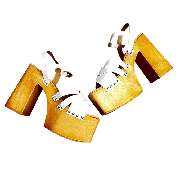 Steve Madden Caileen White Leather Y2K Chunky Platform Block Heel Sandals