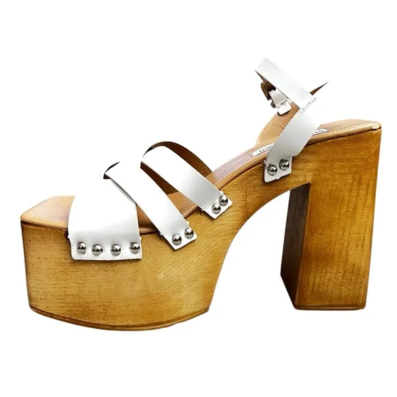 Steve Madden Caileen White Leather Y2K Chunky Platform Block Heel Sandals