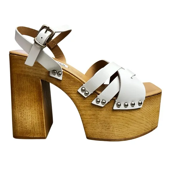 Steve Madden Caileen White Leather Y2K Chunky Platform Block Heel Sandals