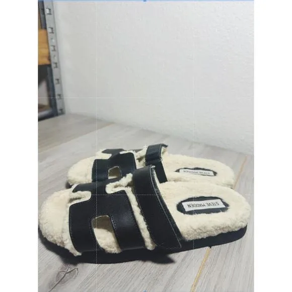 Steve Madden Faux Shearling Slide Sandal Slip On Minimalist Cozy Mayven Black 8