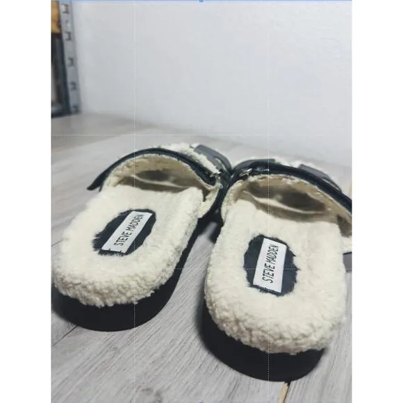 Steve Madden Faux Shearling Slide Sandal Slip On Minimalist Cozy Mayven Black 8