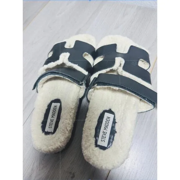 Steve Madden Faux Shearling Slide Sandal Slip On Minimalist Cozy Mayven Black 8