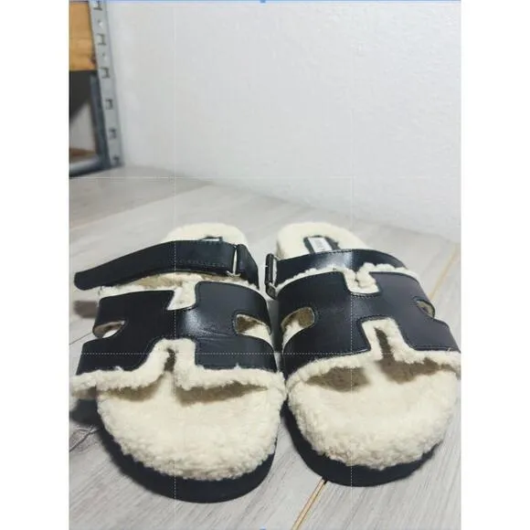 Steve Madden Faux Shearling Slide Sandal Slip On Minimalist Cozy Mayven Black 8