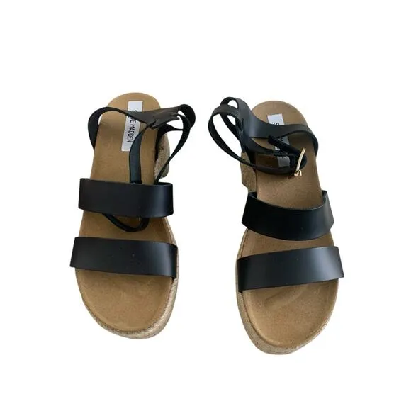 Steve Madden Kelton Black Leather Sandals Chunky Platform Heel Raffia NWOT sz 10
