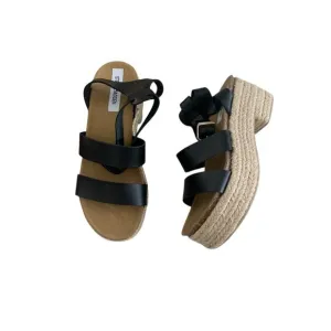 Steve Madden Kelton Black Leather Sandals Chunky Platform Heel Raffia NWOT sz 10