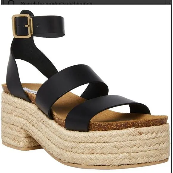 Steve Madden Kelton Black Leather Sandals Chunky Platform Heel Raffia NWOT sz 10