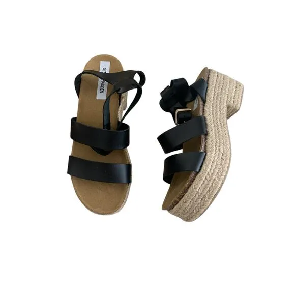 Steve Madden Kelton Black Leather Sandals Chunky Platform Heel Raffia NWOT sz 10