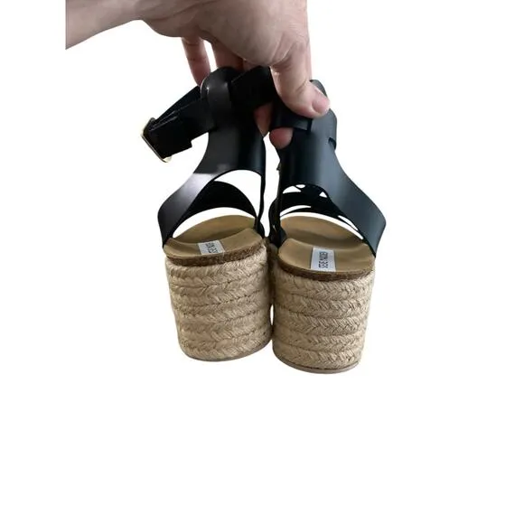 Steve Madden Kelton Black Leather Sandals Chunky Platform Heel Raffia NWOT sz 10