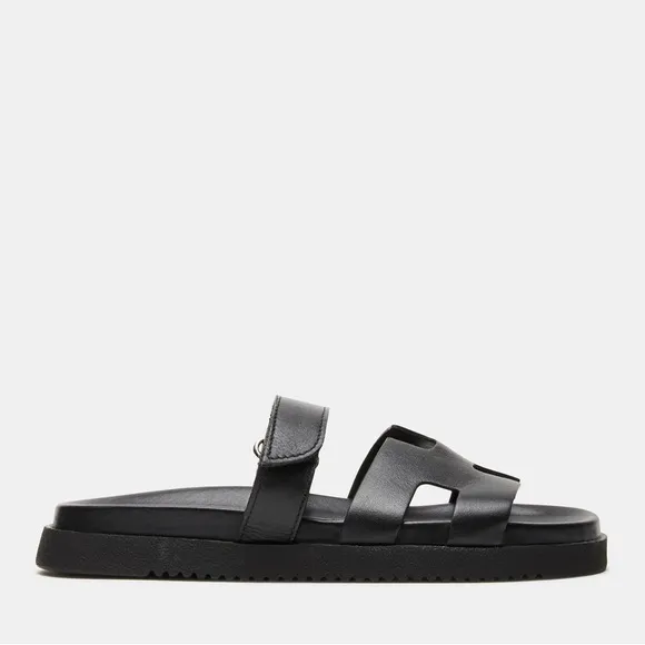 STEVE MADDEN MAYVEN BLACK LEATHER SLIDES. SIZE 6.5