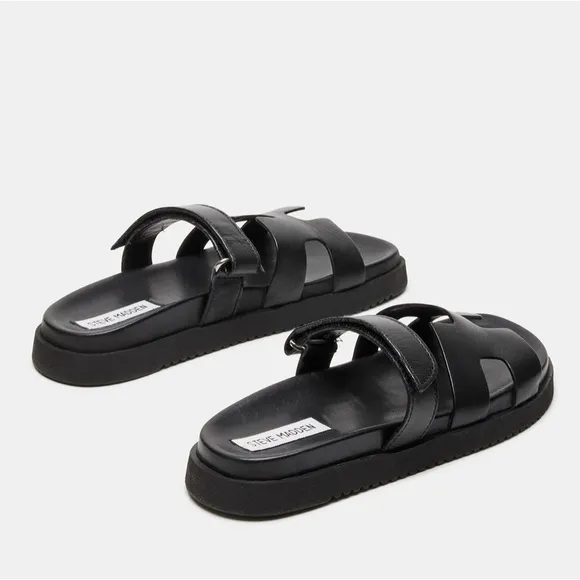 STEVE MADDEN MAYVEN BLACK LEATHER SLIDES. SIZE 6.5