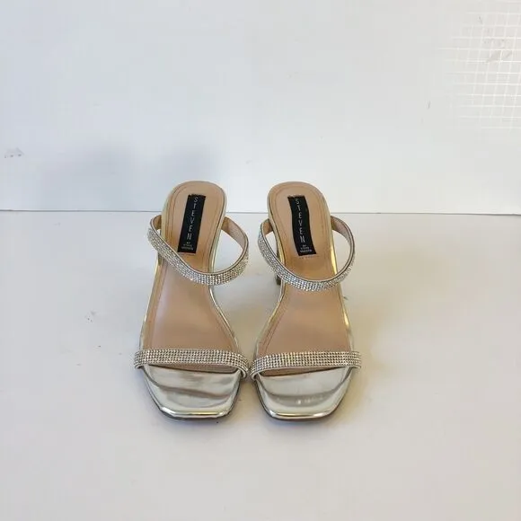 Steve Madden Rhinestone Embellished Mule Sandals Leather Metallic Silver Size 8