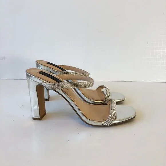Steve Madden Rhinestone Embellished Mule Sandals Leather Metallic Silver Size 8