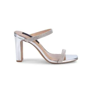 Steve Madden Rhinestone Embellished Mule Sandals Leather Metallic Silver Size 8