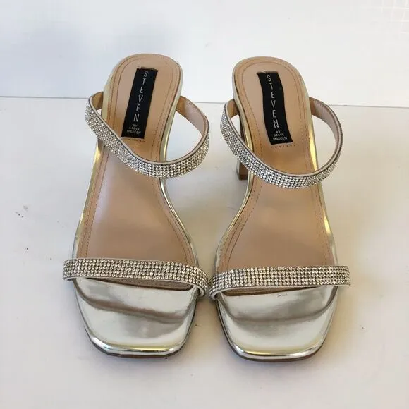 Steve Madden Rhinestone Embellished Mule Sandals Leather Metallic Silver Size 8