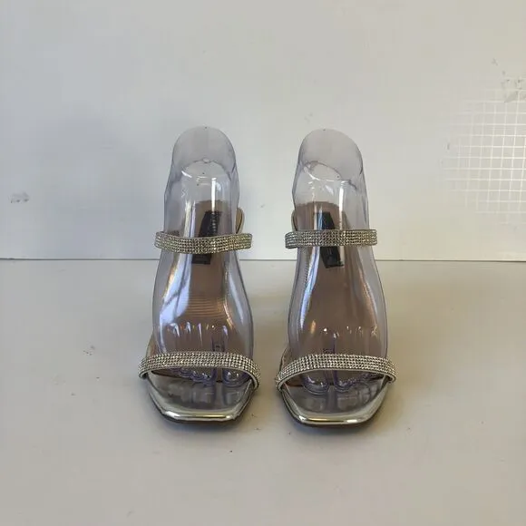Steve Madden Rhinestone Embellished Mule Sandals Leather Metallic Silver Size 8
