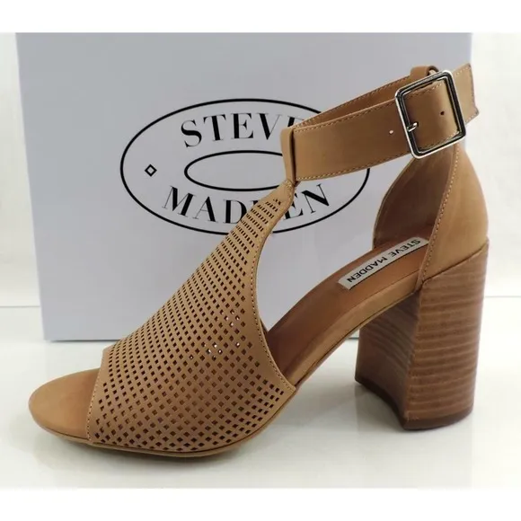 Steve Madden Sawyer Block Heel Sandals Perforated Leather Tan Nubuck Size 9.5