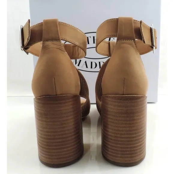 Steve Madden Sawyer Block Heel Sandals Perforated Leather Tan Nubuck Size 9.5