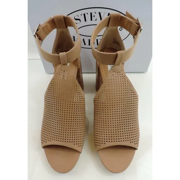 Steve Madden Sawyer Block Heel Sandals Perforated Leather Tan Nubuck Size 9.5