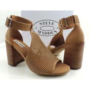 Steve Madden Sawyer Block Heel Sandals Perforated Leather Tan Nubuck Size 9.5