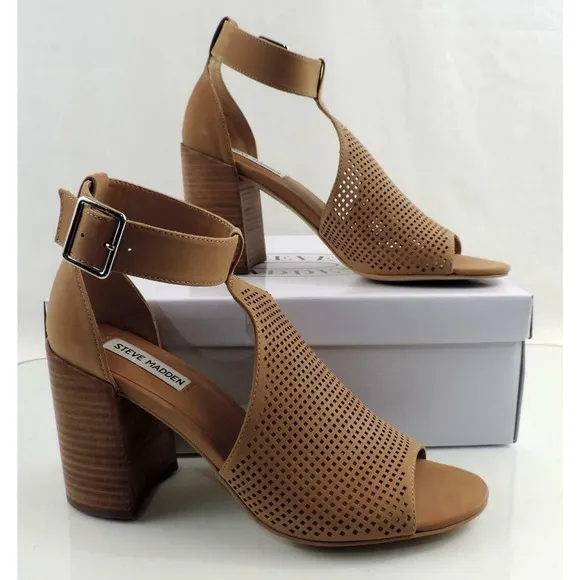 Steve Madden Sawyer Block Heel Sandals Perforated Leather Tan Nubuck Size 9.5
