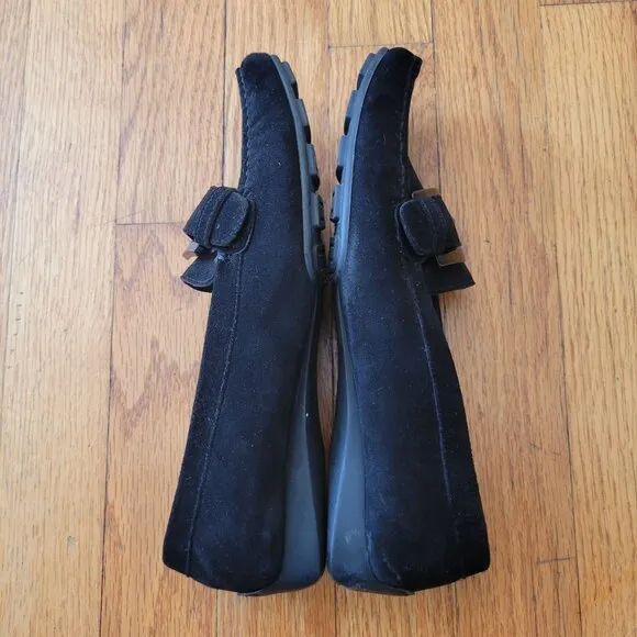 Stuart Weitzman 6.5M Black Suede Leather Square Toe Buckle Accent Flats