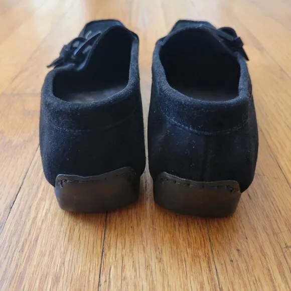 Stuart Weitzman 6.5M Black Suede Leather Square Toe Buckle Accent Flats